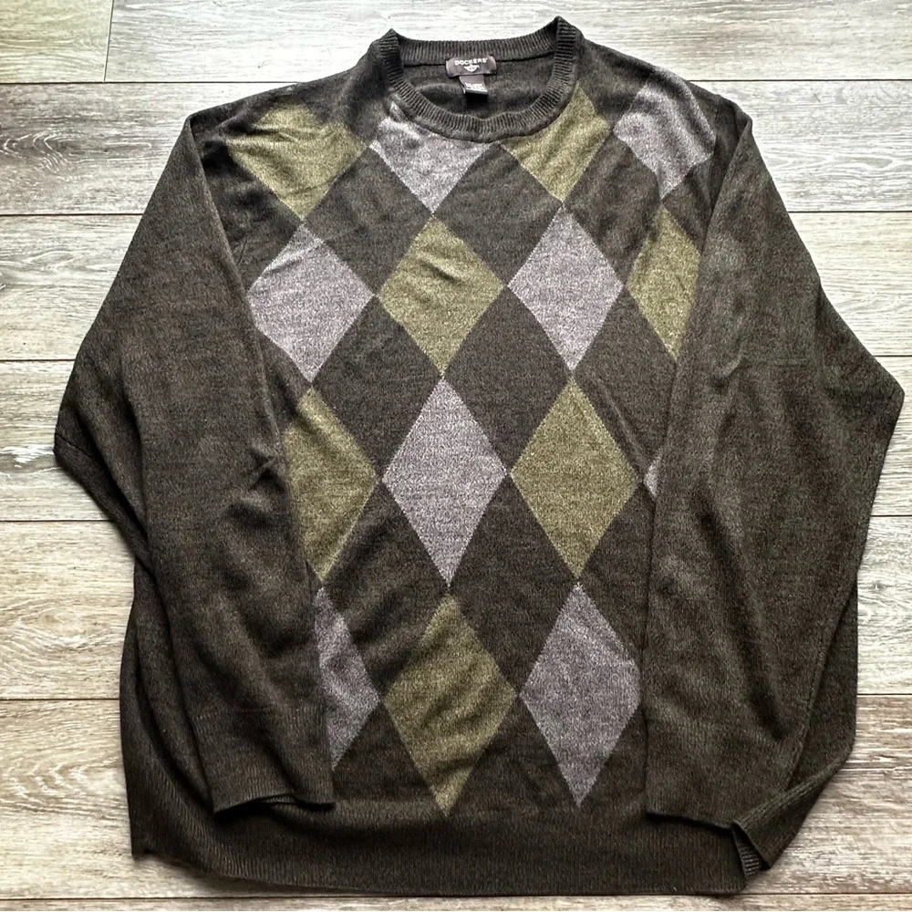 Dockers Mens Diamond Knit Pullover Crew Neck Sweater‎ Tan Green 2XL